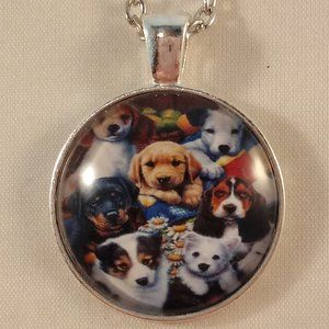 Silver Collage of Puppy Dogs Cabochon Pendant Necklace 20" Party Gift